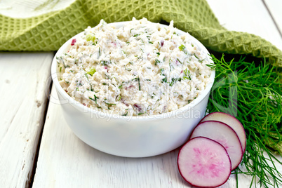 Pate of curd and radish on board