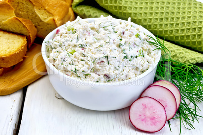 Pate of curd and radish with bread on board