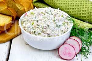 Pate of curd and radish with bread on board