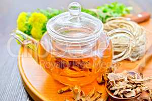 Tea of Rhodiola rosea in glass teapot on tray with spoon