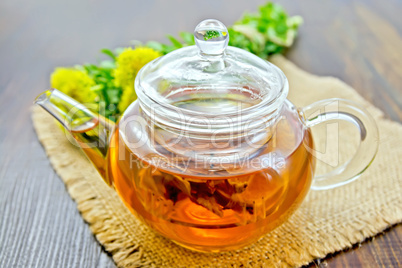 Tea of Rhodiola rosea in glass teapot on sacking