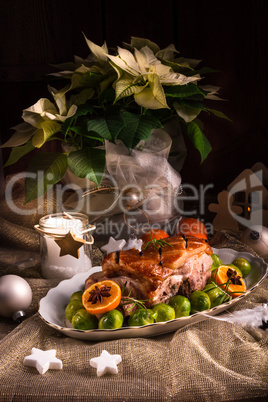 Christmas dinner with brussels sprouts in orange sauce