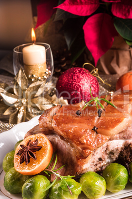 Christmas dinner with brussels sprouts in orange sauce