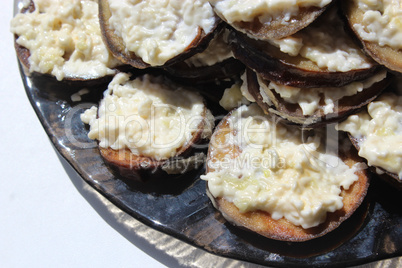 Dish from fried pieces of eggplants Dish from fried pieces of eggplants