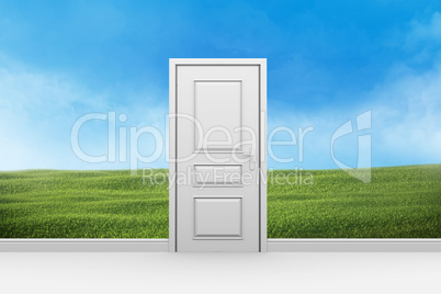 Room with closed door and lawn of green grass behind wall