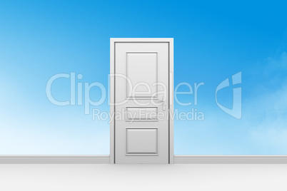 Room white door and transparent wall with view of blue sky