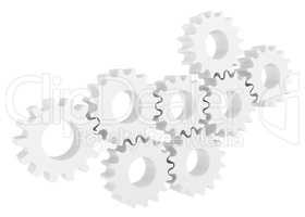 Cog wheel gear mechanism close-up. White background