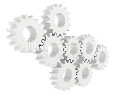 Cog wheel gear mechanism close-up. White background
