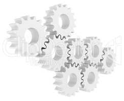 Cog wheel gear mechanism close-up. White background