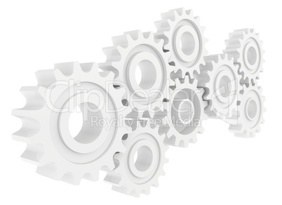 Cog wheel gear mechanism close-up. White background