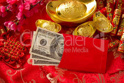 Chinese new year red envelope with dollars inside