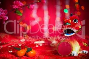 Chinese New Year decorations on red background