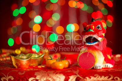 Chinese New Year objects on red glitter background
