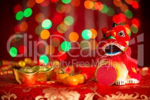 Chinese New Year objects on red glitter background