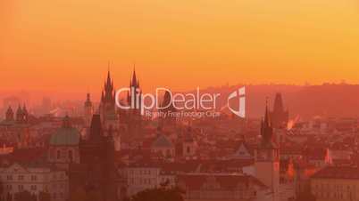 Golden Morning over Roofs of the Prague. Time Lapse