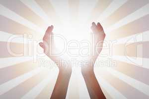 Composite image of woman presenting with her hands