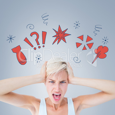 Composite image of angry woman screaming and holding her head