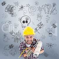 Composite image of frustrated handyman holding various tools