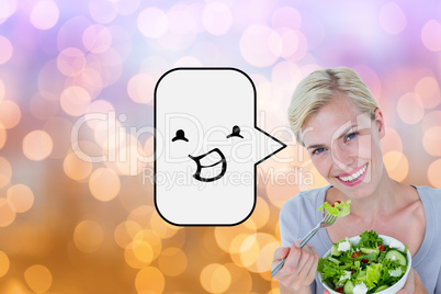 Composite image of happy blonde woman holding bowl of salad