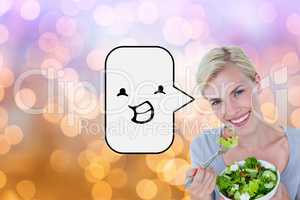 Composite image of happy blonde woman holding bowl of salad