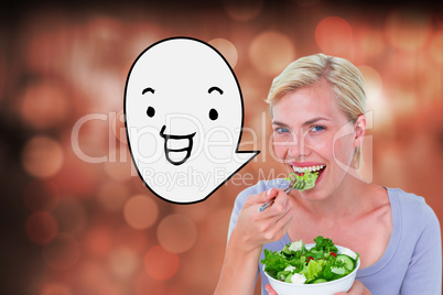 Composite image of happy blonde woman holding bowl of salad