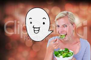 Composite image of happy blonde woman holding bowl of salad