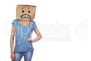 Composite image of woman posing with bag on head