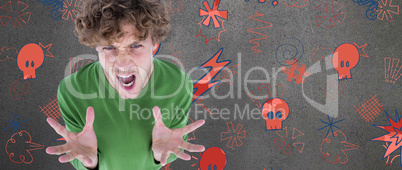 Composite image of portrait of furious man screaming over white