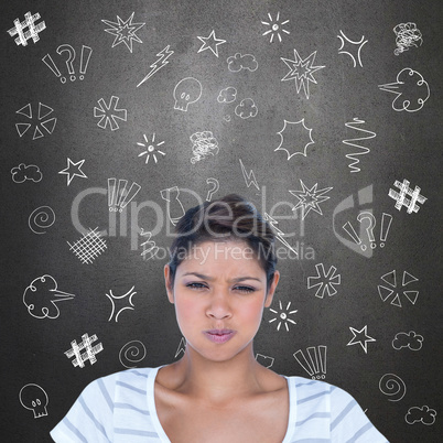 Composite image of portrait of angry woman pulling face
