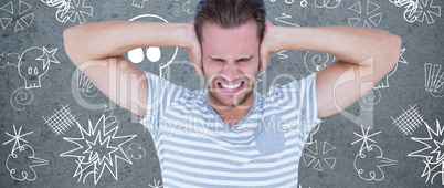 Composite image of handsome casual man screaming with hand on ea