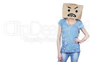 Composite image of woman posing with bag on head