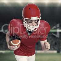 Composite image of american football player running with the bal