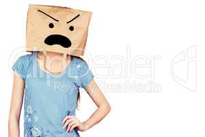 Composite image of woman posing with bag on head