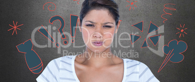 Composite image of portrait of angry woman pulling face