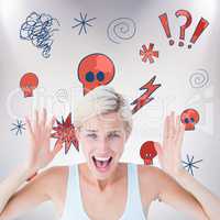 Composite image of angry blonde screaming with hands up