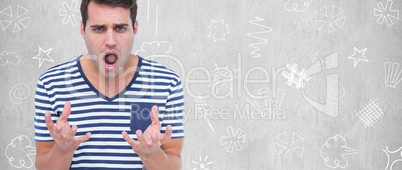 Composite image of astonished man gesturing over white backgroun