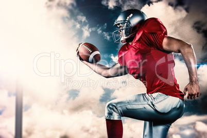 Composite image of side view of american football player running