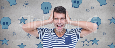 Composite image of handsome man screaming while covering ears