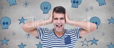Composite image of handsome man screaming while covering ears