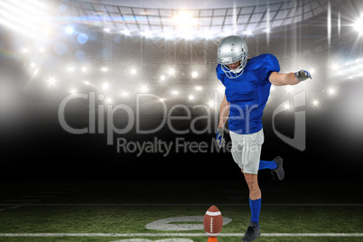 Composite image of american football player kicking ball