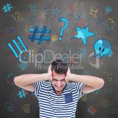 Composite image of frustrated man covering ears