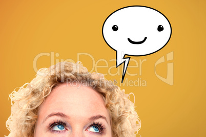 Composite image of close up of pretty blonde woman looking up