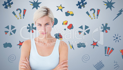 Composite image of upset blonde looking at camera with arms cros