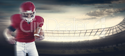 Composite image of portrait of focused american football player being ready to attack