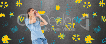 Composite image of pretty brunette shouting