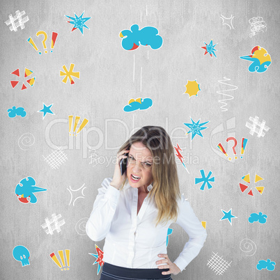 Composite image of angry businesswoman talking on mobile phone