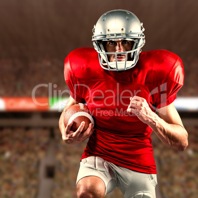 Composite image of american football player in red jersey runnin