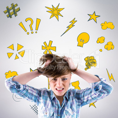 Composite image of pretty brunette shouting with hands on head