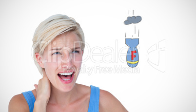 Composite image of woman screaming and suffering from neck pain