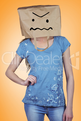 Composite image of woman posing with bag on head